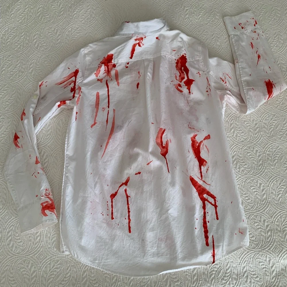 Homemade Zombie Halloween Costume Medium White Red Shirt Damaged Blue Jeans